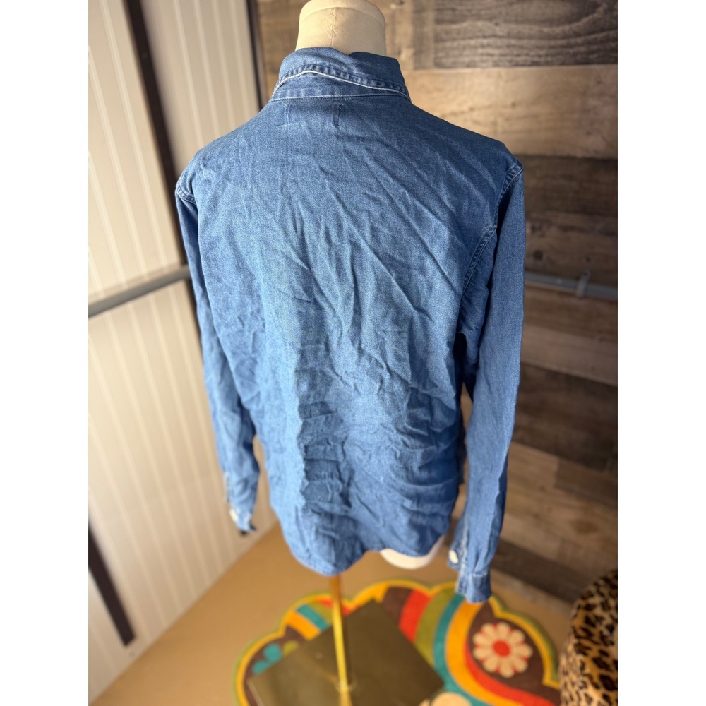 Vintage Snowman Embroidered Denim Button Down Shirt Christmas Holiday Blue - Picture 7 of 12